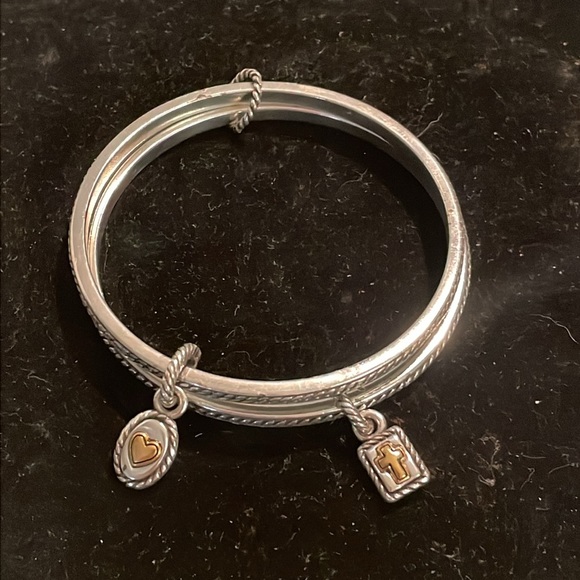 Two 8” silver tone double diamond etched bangle bracelets with 1” charms - Picture 2 of 14